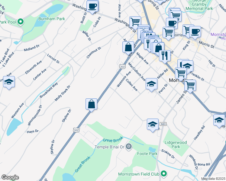 map of restaurants, bars, coffee shops, grocery stores, and more near 2a Ogden Place in Morristown