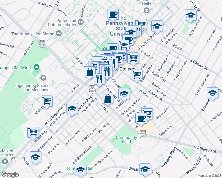 map of restaurants, bars, coffee shops, grocery stores, and more near 224 South Burrowes Street in State College