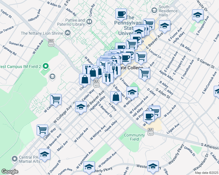 map of restaurants, bars, coffee shops, grocery stores, and more near in State College