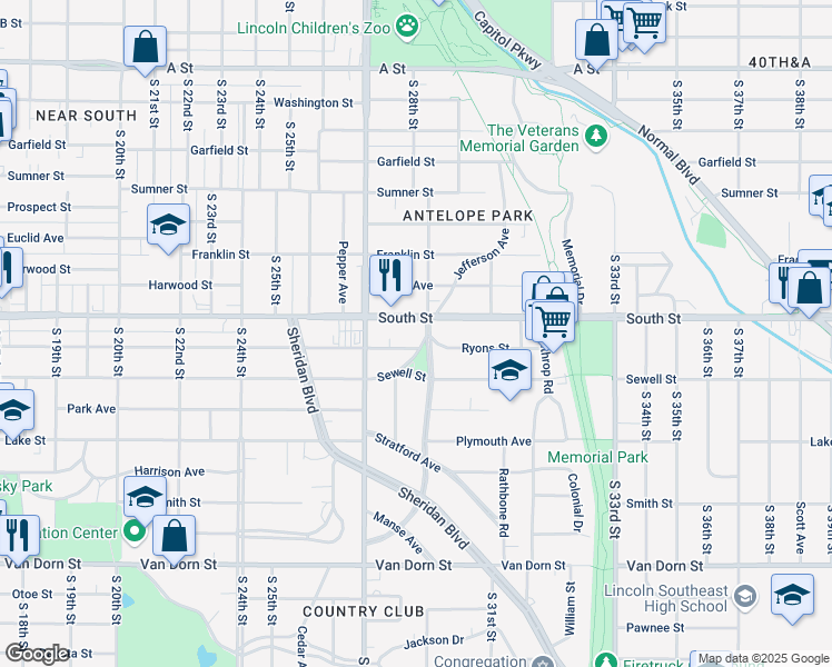 map of restaurants, bars, coffee shops, grocery stores, and more near 2812 Ryons Street in Lincoln