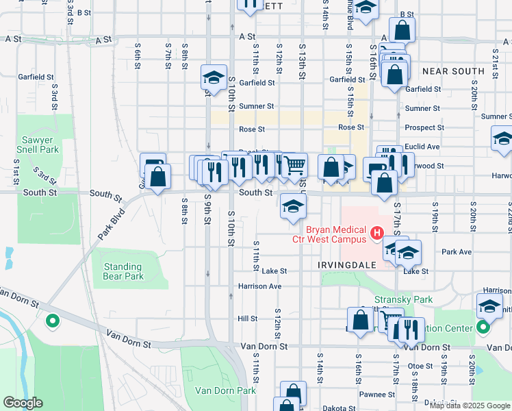 map of restaurants, bars, coffee shops, grocery stores, and more near 1001 South St in Lincoln
