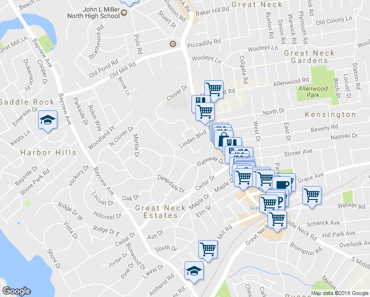 map of restaurants, bars, coffee shops, grocery stores, and more near 16 Linden Boulevard in Great Neck