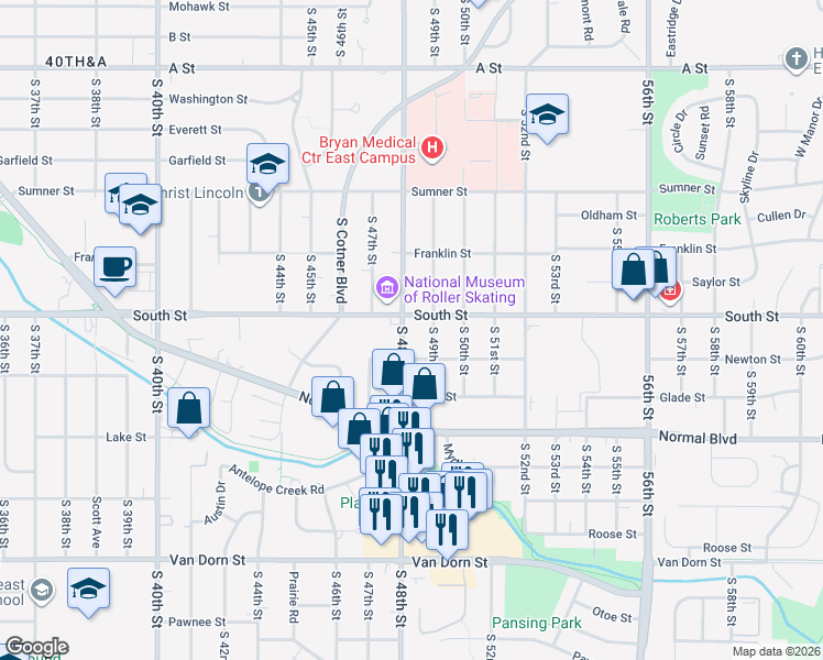 map of restaurants, bars, coffee shops, grocery stores, and more near 2116 South 48th Street in Lincoln