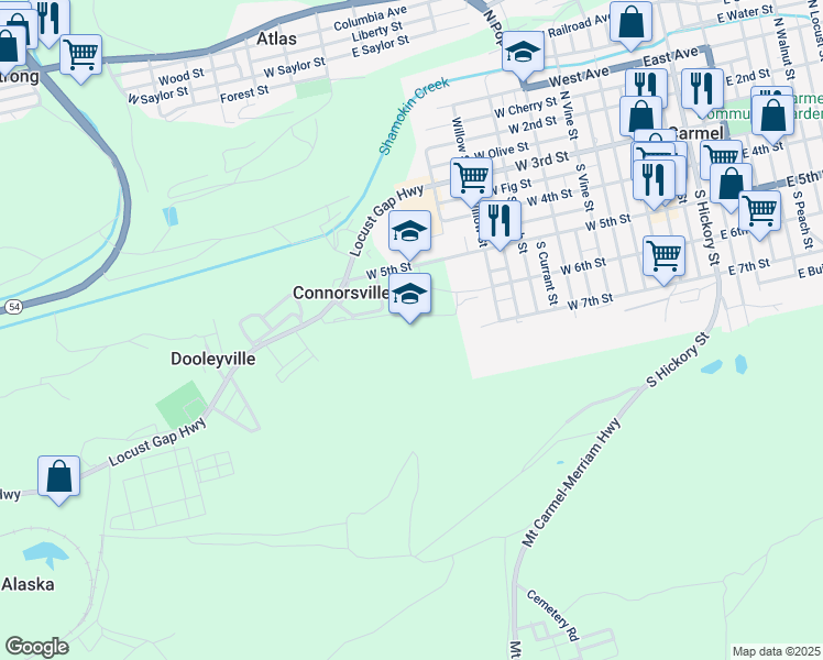 map of restaurants, bars, coffee shops, grocery stores, and more near 600 West 5th Street in Mount Carmel
