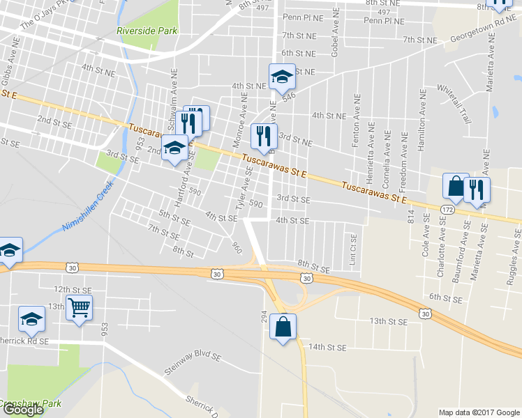 map of restaurants, bars, coffee shops, grocery stores, and more near 2064 Harvey Place Southeast in Canton