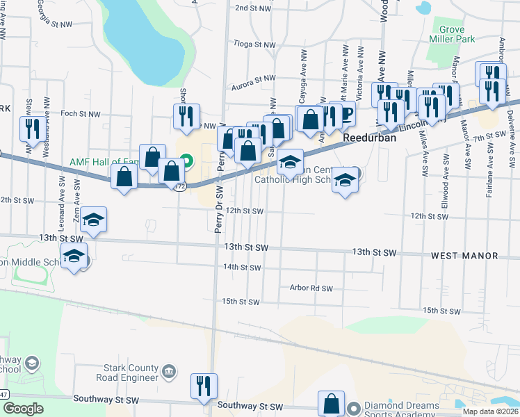 map of restaurants, bars, coffee shops, grocery stores, and more near 5015 12th Street Southwest in Canton