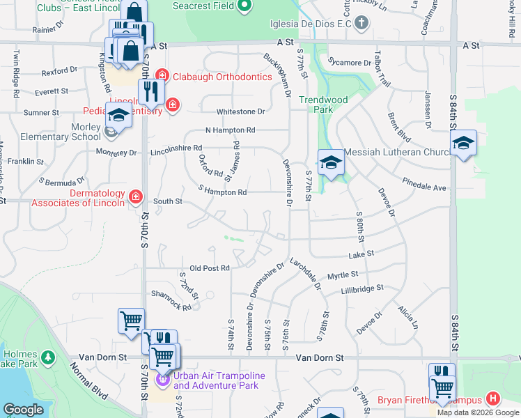map of restaurants, bars, coffee shops, grocery stores, and more near 7425 South Hampton Road in Lincoln