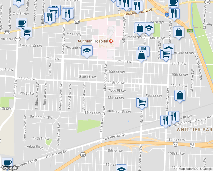 map of restaurants, bars, coffee shops, grocery stores, and more near 1108 Clarendon Avenue Southwest in Canton
