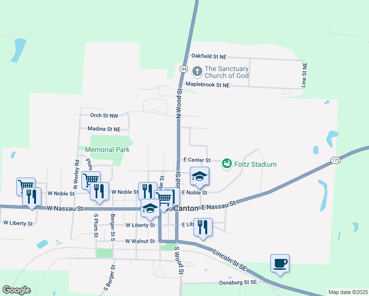 map of restaurants, bars, coffee shops, grocery stores, and more near 414 North Wood Street in East Canton