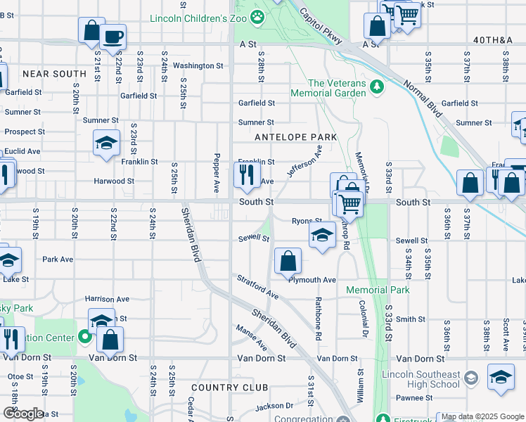 map of restaurants, bars, coffee shops, grocery stores, and more near 2812 Ryons Street in Lincoln