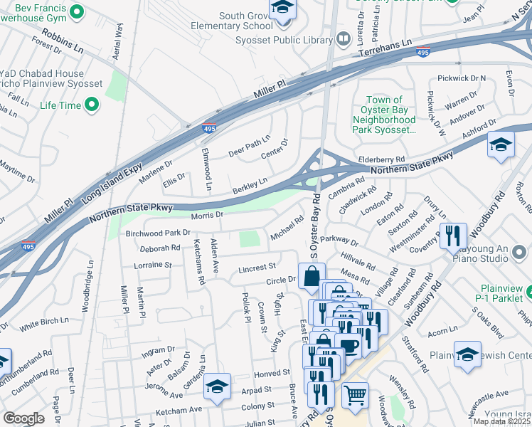 map of restaurants, bars, coffee shops, grocery stores, and more near 47 Morris Drive in Syosset