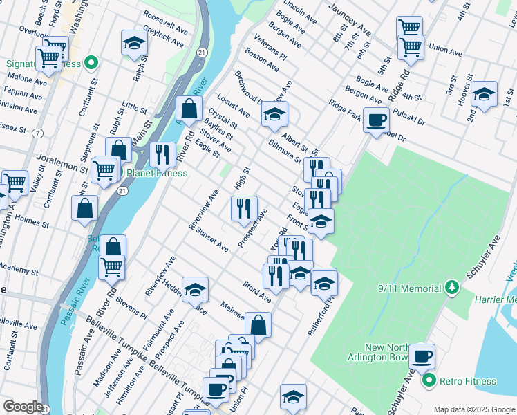 map of restaurants, bars, coffee shops, grocery stores, and more near 78 Arlington Boulevard in North Arlington