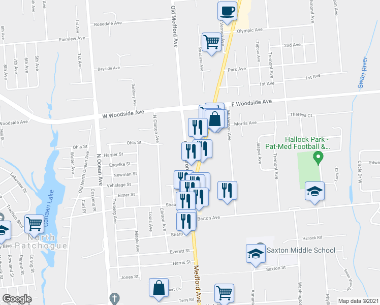 map of restaurants, bars, coffee shops, grocery stores, and more near 645 Old Medford Avenue in Patchogue