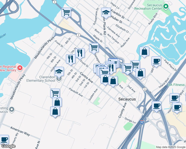 map of restaurants, bars, coffee shops, grocery stores, and more near 758 2nd Street in Secaucus