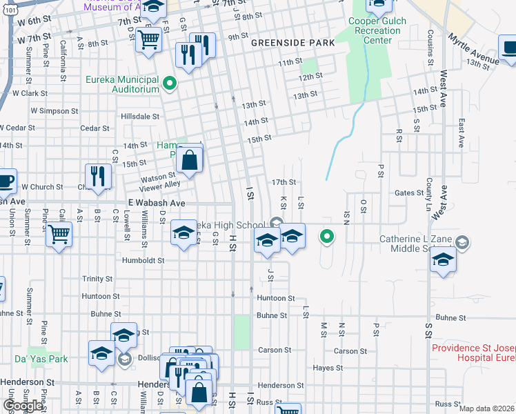 map of restaurants, bars, coffee shops, grocery stores, and more near 1815 I Street in Eureka