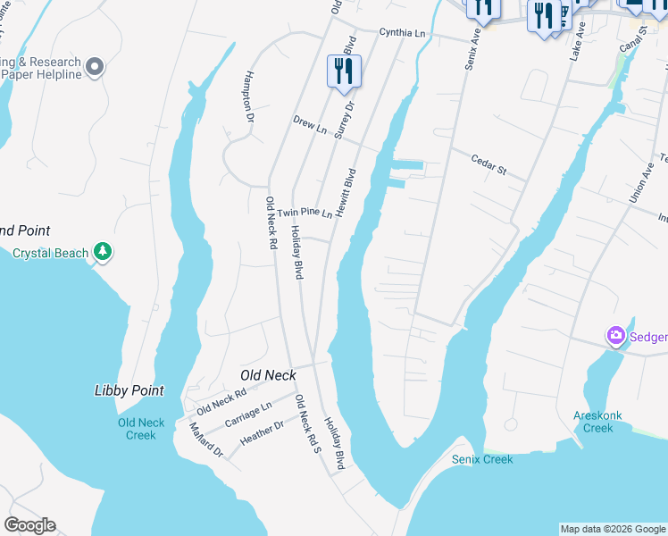 map of restaurants, bars, coffee shops, grocery stores, and more near 102 Hewitt Boulevard in Center Moriches