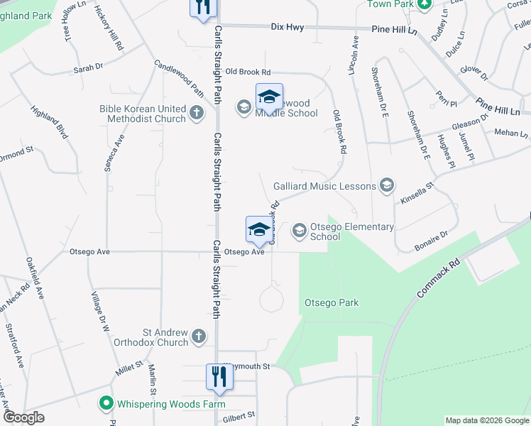 map of restaurants, bars, coffee shops, grocery stores, and more near 63 Old Brook Road in Dix Hills