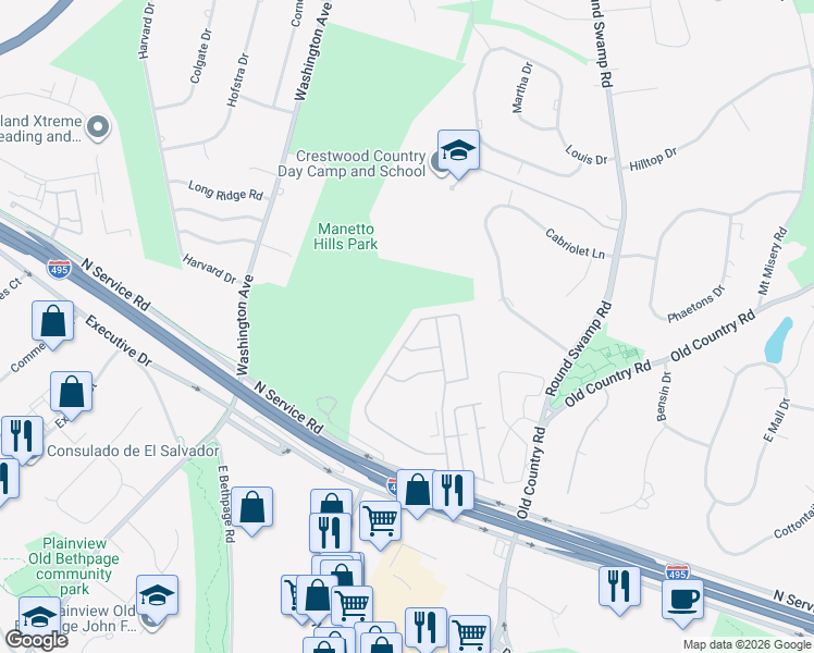 map of restaurants, bars, coffee shops, grocery stores, and more near 132 Sagamore Drive in Plainview