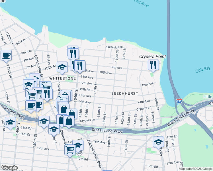 map of restaurants, bars, coffee shops, grocery stores, and more near 157-40 12th Avenue in Queens
