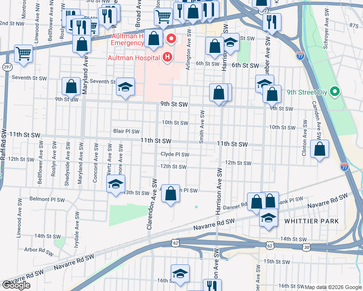 map of restaurants, bars, coffee shops, grocery stores, and more near 2423 Clyde Place Southwest in Canton