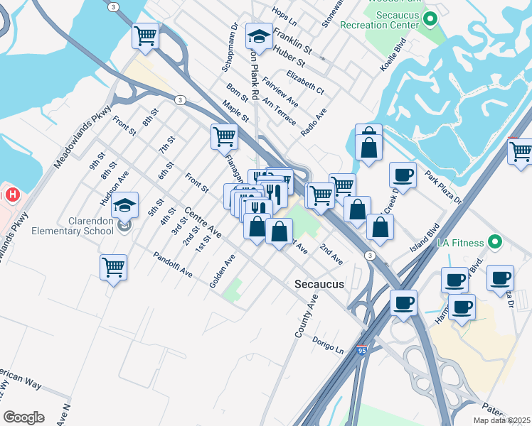 map of restaurants, bars, coffee shops, grocery stores, and more near 141 County Road 695 in Secaucus