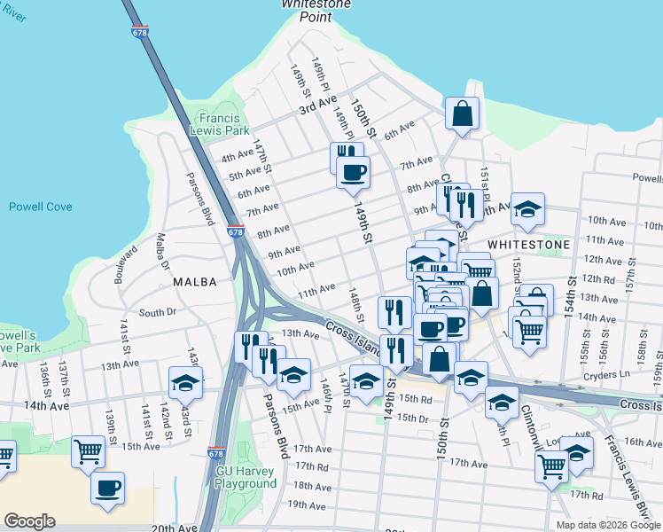 map of restaurants, bars, coffee shops, grocery stores, and more near 147-16 10th Avenue in Queens