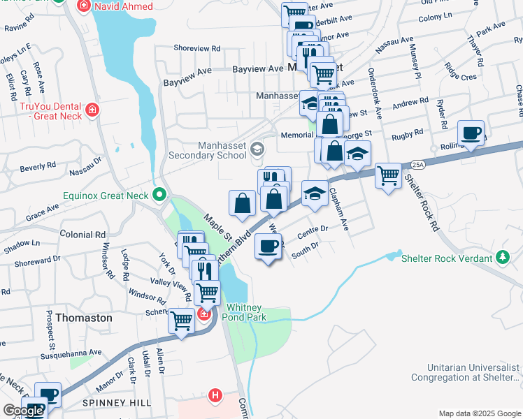 map of restaurants, bars, coffee shops, grocery stores, and more near 11 Northern Boulevard in Manhasset