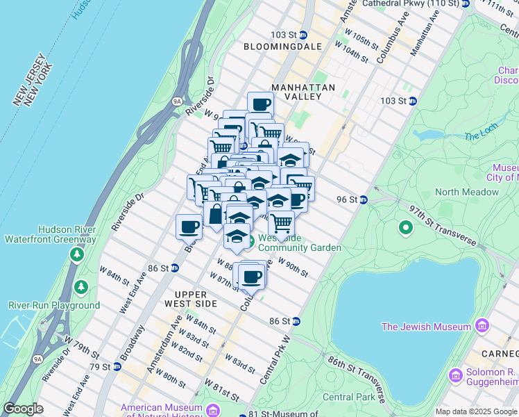 map of restaurants, bars, coffee shops, grocery stores, and more near 154 West 93rd Street in New York