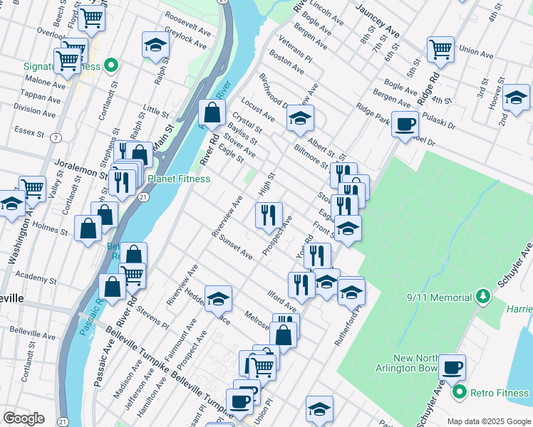 map of restaurants, bars, coffee shops, grocery stores, and more near 15 Bond Place in North Arlington