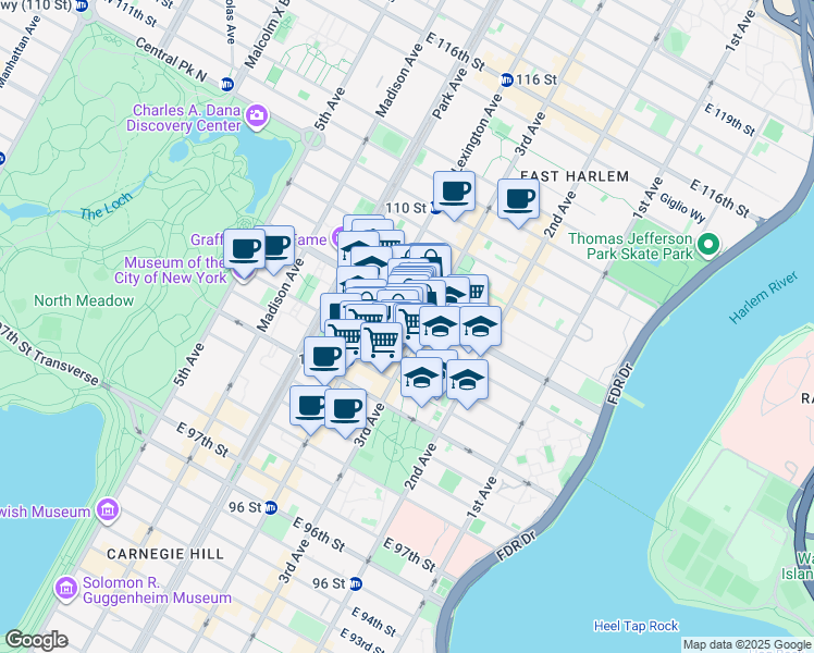 map of restaurants, bars, coffee shops, grocery stores, and more near 175 East 105th Street in New York