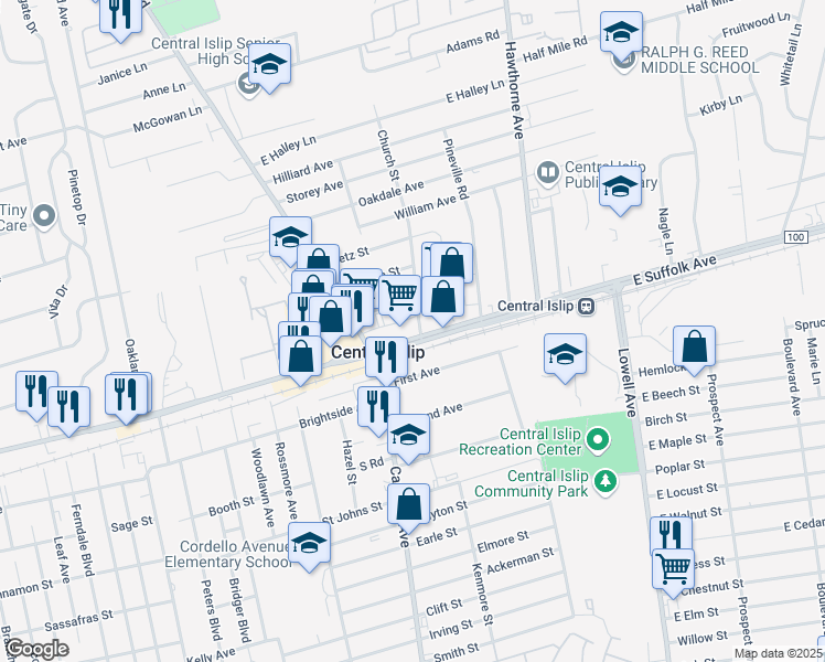 map of restaurants, bars, coffee shops, grocery stores, and more near 38 East Suffolk Avenue in Central Islip