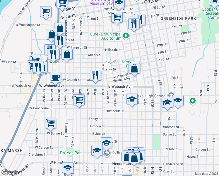 map of restaurants, bars, coffee shops, grocery stores, and more near 230 East Wabash Avenue in Eureka