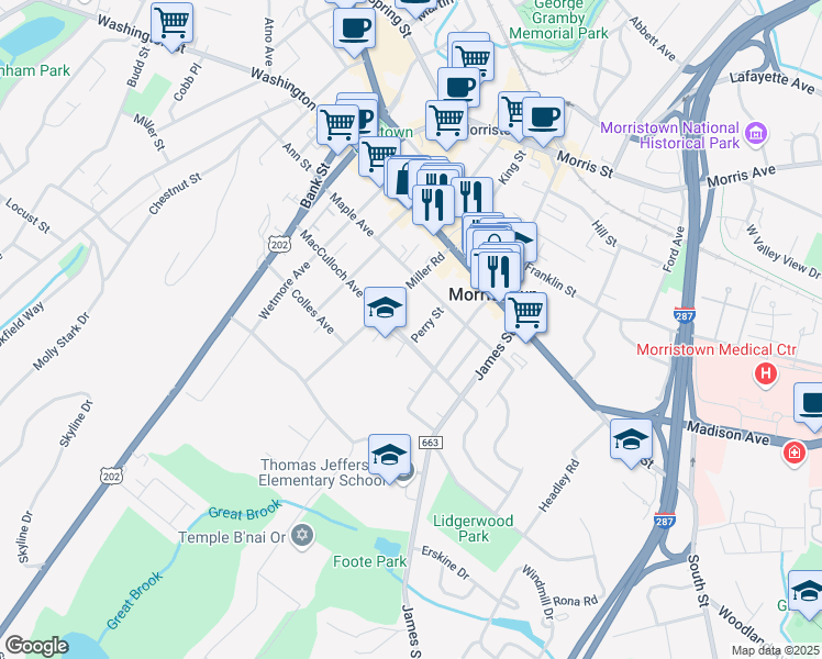 map of restaurants, bars, coffee shops, grocery stores, and more near 21 Perry Street in Morristown
