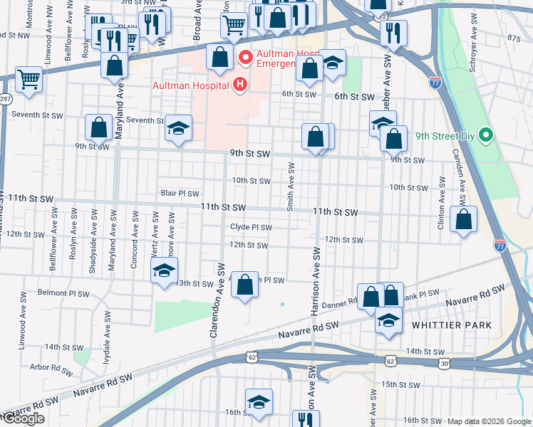 map of restaurants, bars, coffee shops, grocery stores, and more near 2400 11th Street Southwest in Canton