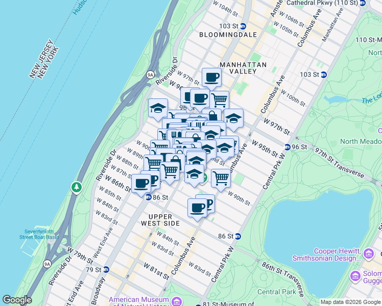 map of restaurants, bars, coffee shops, grocery stores, and more near 646 Amsterdam Avenue in New York