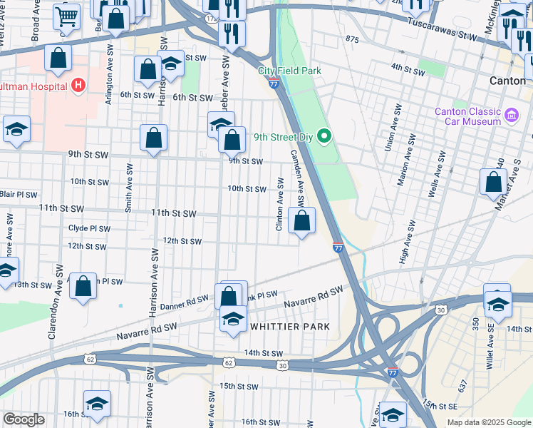 map of restaurants, bars, coffee shops, grocery stores, and more near 1626 11th Street Southwest in Canton