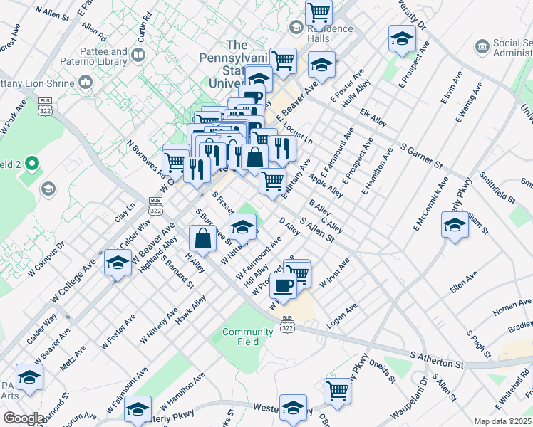 map of restaurants, bars, coffee shops, grocery stores, and more near 123 West Nittany Avenue in State College