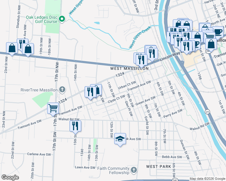 map of restaurants, bars, coffee shops, grocery stores, and more near 1114 Tremont Avenue Southwest in Massillon