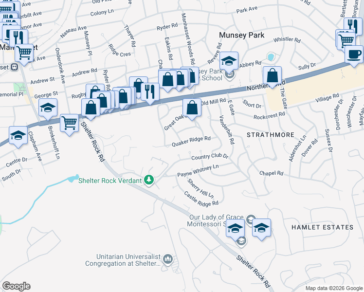 map of restaurants, bars, coffee shops, grocery stores, and more near 23 Flower Lane in Manhasset
