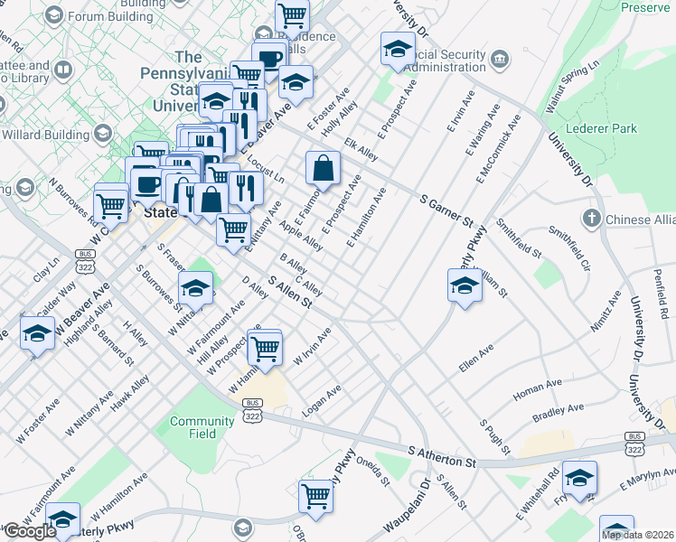 map of restaurants, bars, coffee shops, grocery stores, and more near 708 South Pugh Street in State College