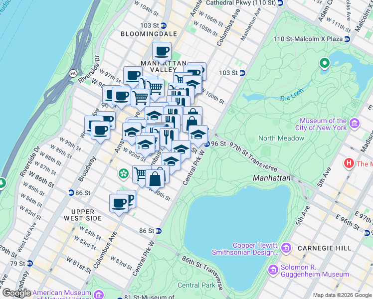 map of restaurants, bars, coffee shops, grocery stores, and more near 26 West 95th Street in New York