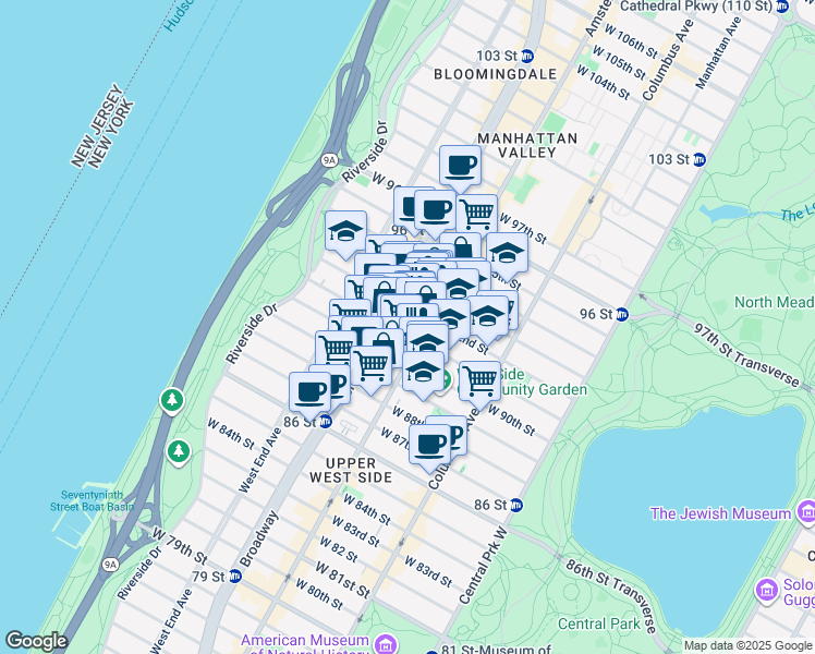 map of restaurants, bars, coffee shops, grocery stores, and more near 166 West 92nd Street in New York