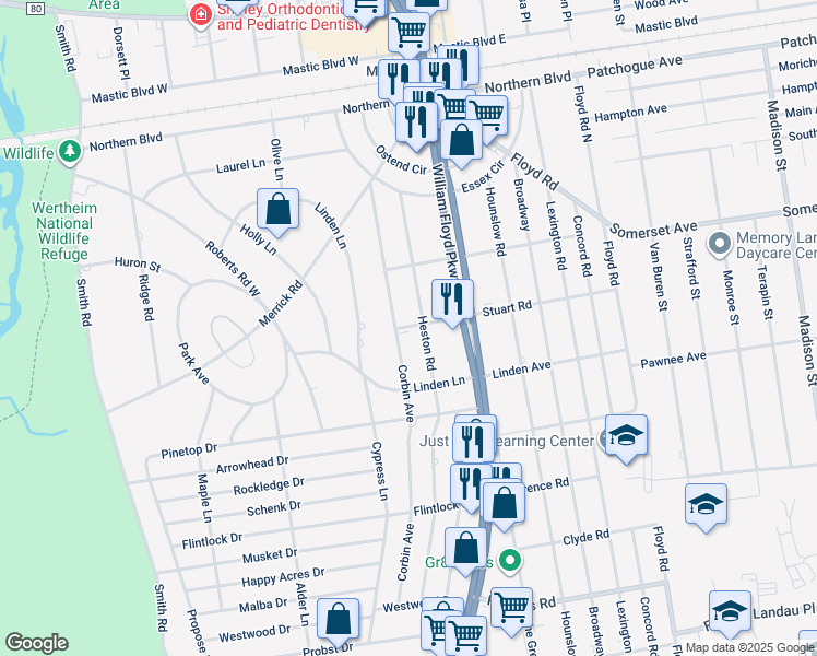 map of restaurants, bars, coffee shops, grocery stores, and more near 55 Corbin Avenue in Shirley