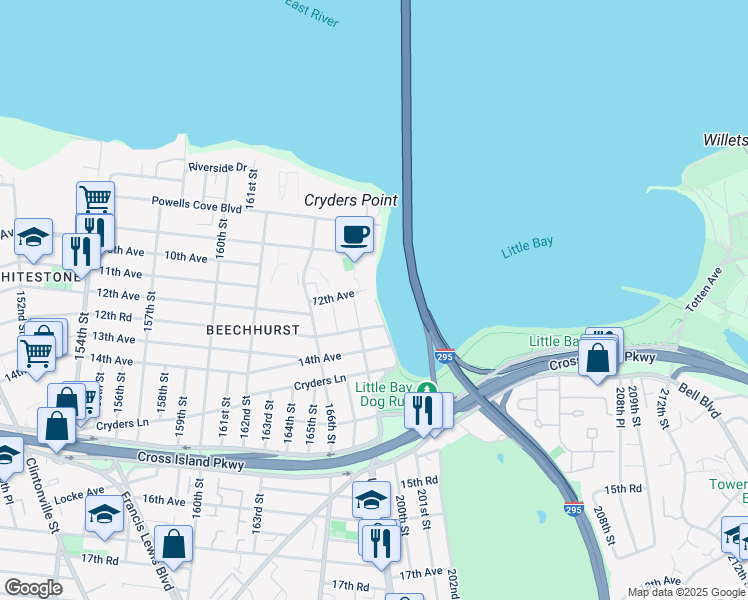 map of restaurants, bars, coffee shops, grocery stores, and more near 10-37 Totten Street in Queens