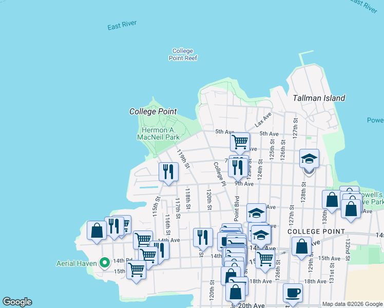 map of restaurants, bars, coffee shops, grocery stores, and more near 6-23 119th Street in Queens