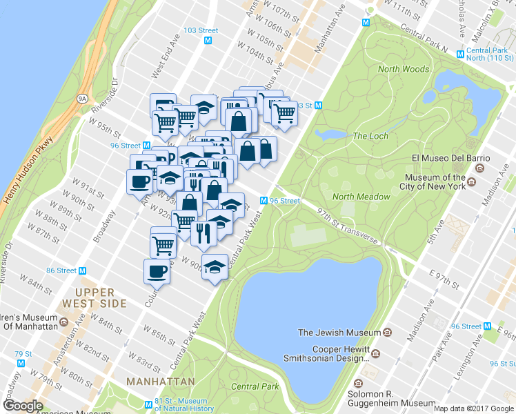 map of restaurants, bars, coffee shops, grocery stores, and more near 350 Central Park West in New York