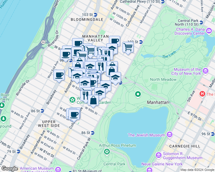 map of restaurants, bars, coffee shops, grocery stores, and more near 31 West 94th Street in New York
