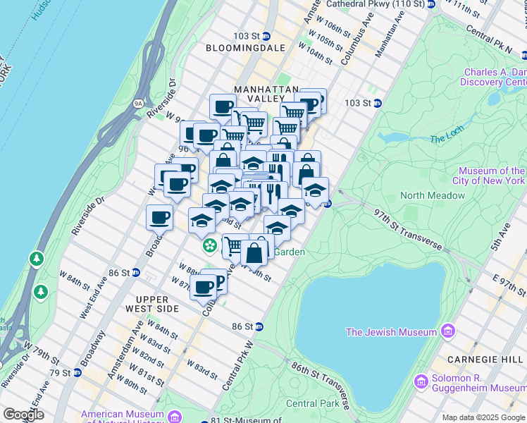 map of restaurants, bars, coffee shops, grocery stores, and more near 66 West 94th Street in New York