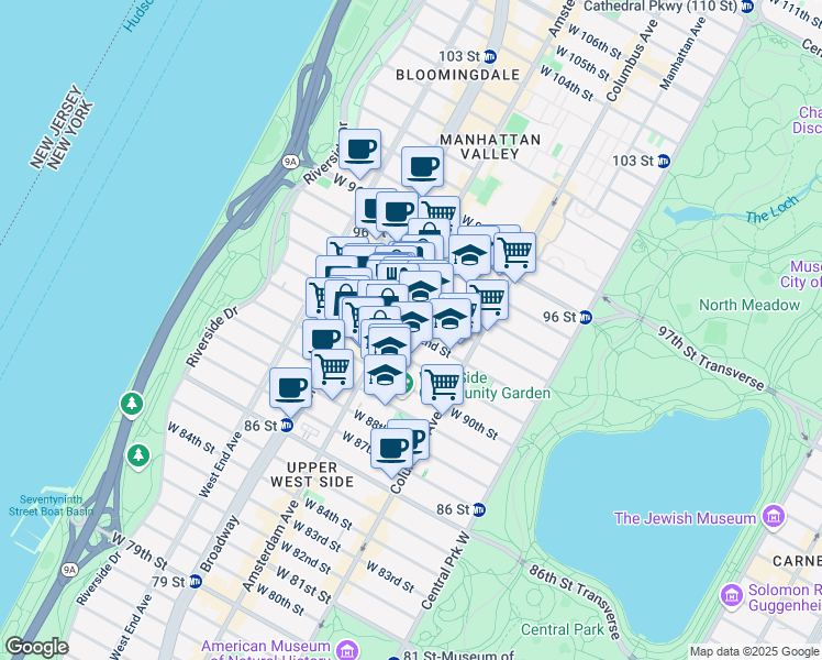 map of restaurants, bars, coffee shops, grocery stores, and more near 140 West 92nd Street in New York