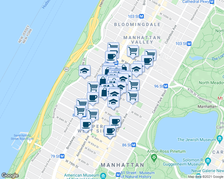 map of restaurants, bars, coffee shops, grocery stores, and more near in New York